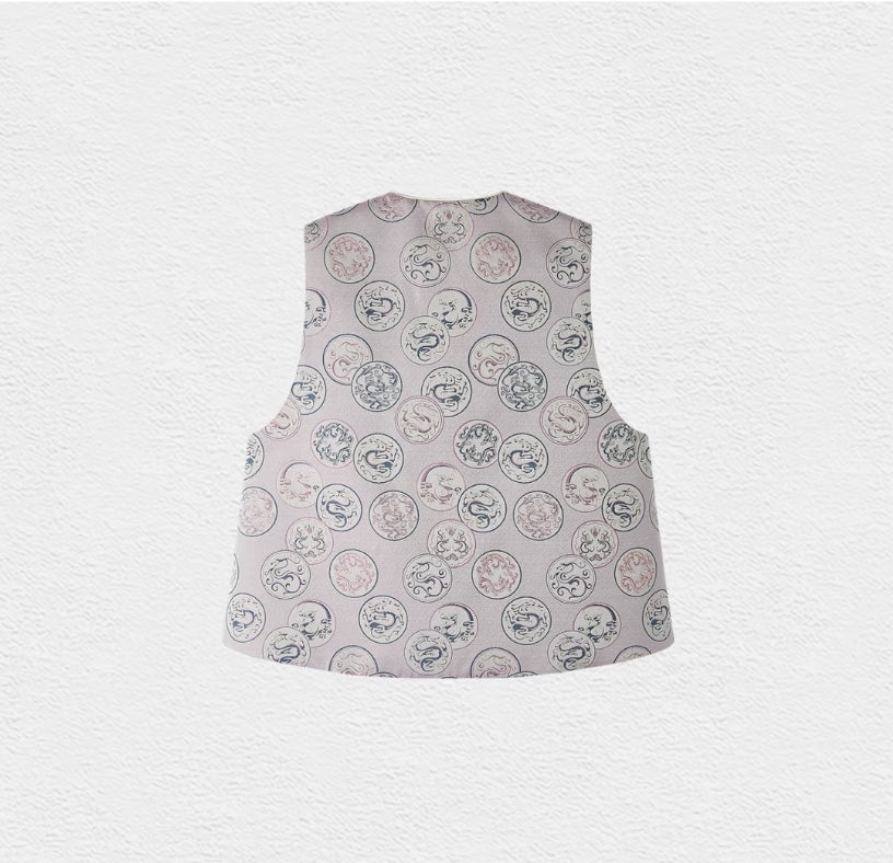 Song Brocade Vest – Embroidered Mythical Dragon, Gold-Woven Contemporary Chinese Style with Silver Buttons, 100% Mulberry Silk