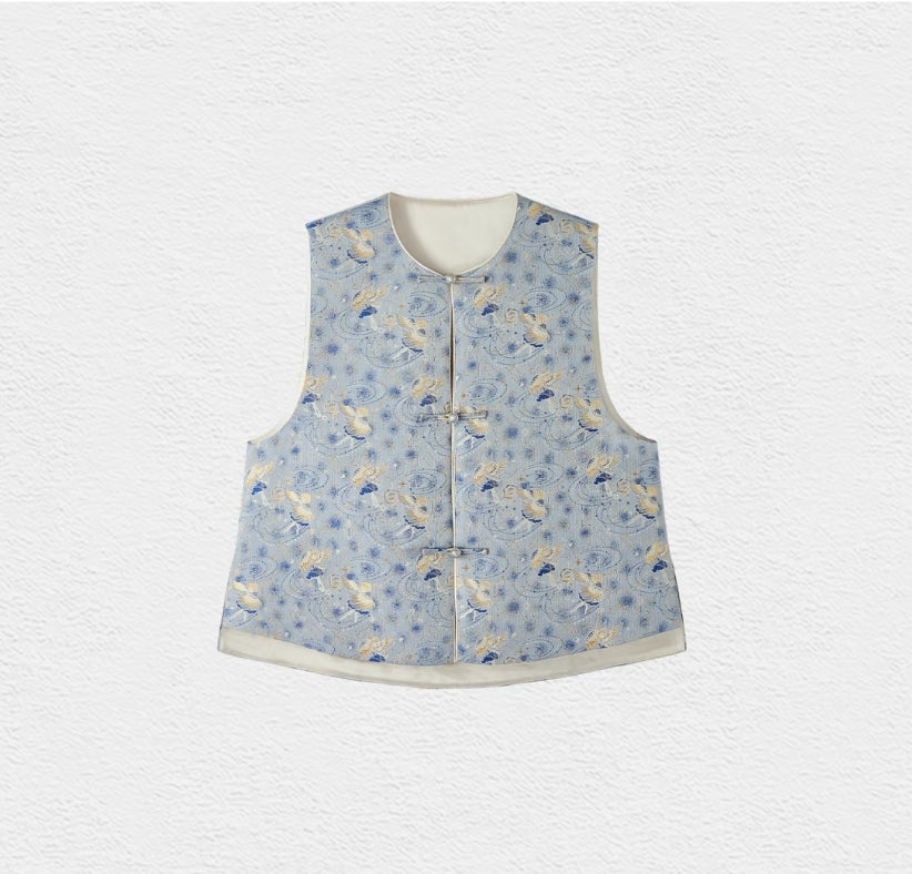 Song Brocade Gemini Embroidered Vest – Contemporary Chinese Silver-Button Waistcoat, 56% Silk 30% Viscose 14% Polyester Blend