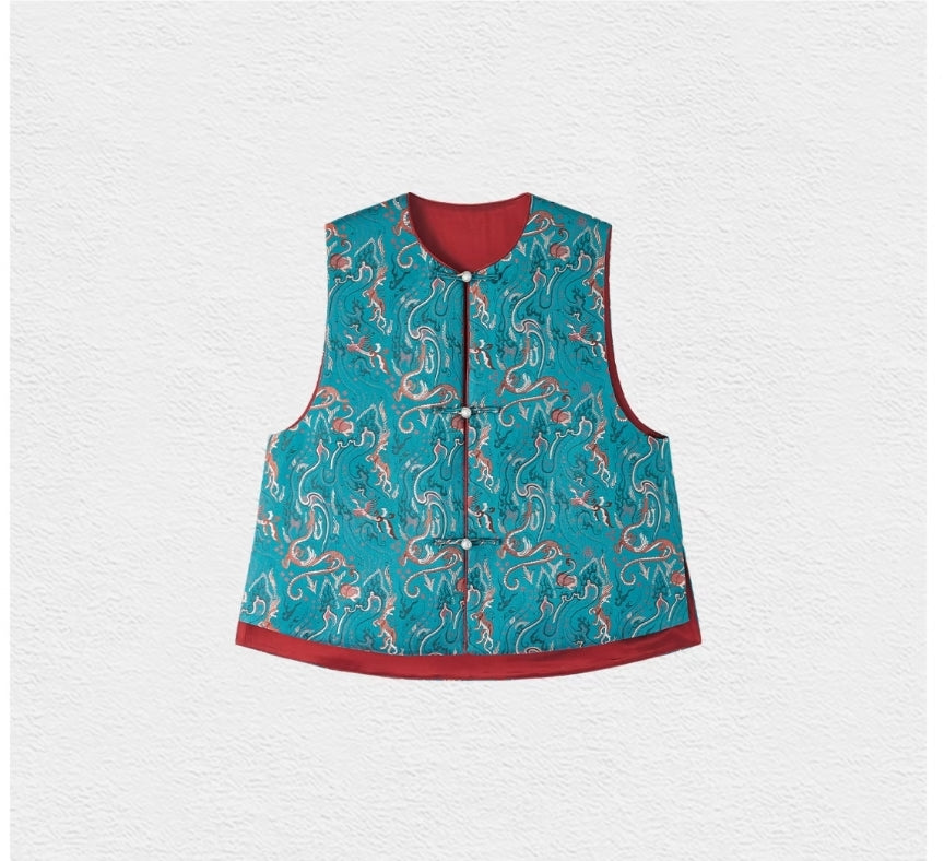Song Brocade Vest – Embroidered Four Divine Beasts, Silver Clasp, 100% Mulberry Silk, Contemporary Chinese Waistcoat
