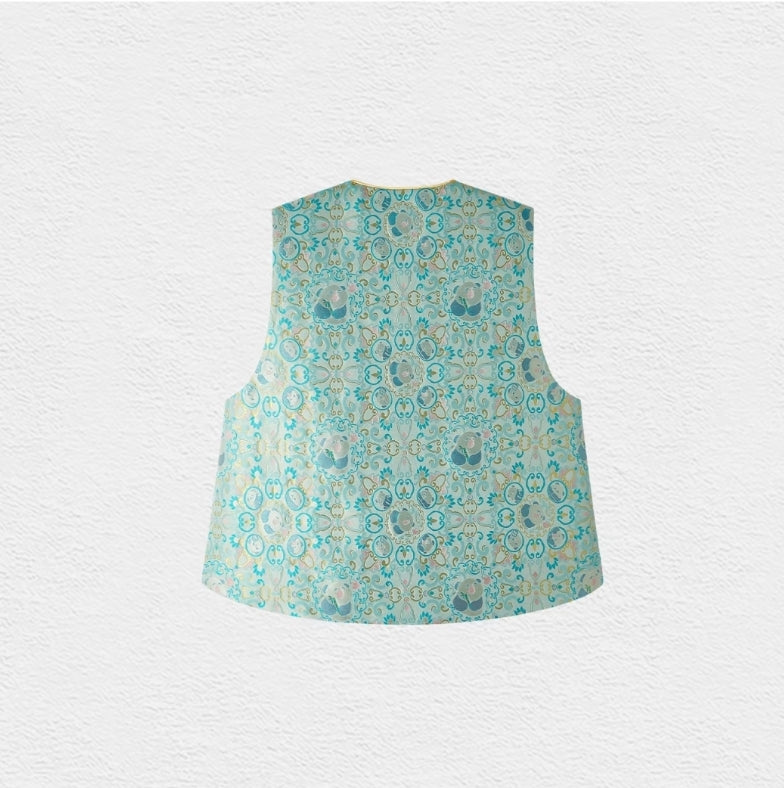 Song Brocade Panda Blessing Vest – Embroidered "Panda Delivering Joy" Design, Silver-Button Waistcoat (80% Mulberry Silk, 14.5% Viscose, 5.5% Polyester Film Fiber)