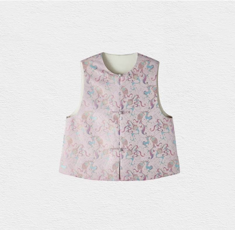 Song Brocade Aquarius Vest – Embroidered Zodiac Design, Silver-Button Waistcoat in 56% Silk Blend, Contemporary Chinese Style