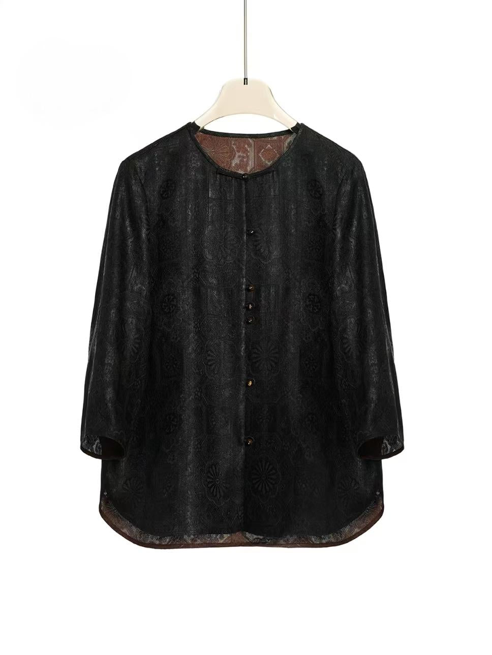 Song Brocade Blouse – Colorful Cloud Collar Jacquard, Lightweight Gambiered Gauze Top, 100% Mulberry Silk, Cool & Flowy