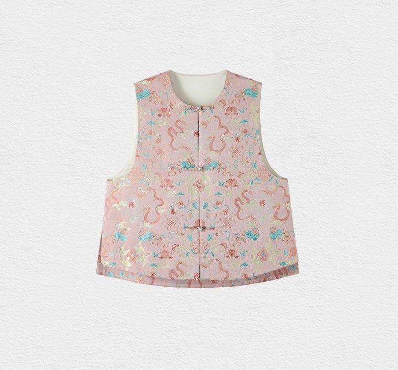Song Brocade Pink Dragon Vest – Embroidered Silk Waistcoat with Silver Clasps, Contemporary Chinese Style, 100% Mulberry Silk