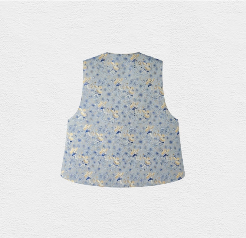 Song Brocade Gemini Embroidered Vest – Contemporary Chinese Silver-Button Waistcoat, 56% Silk 30% Viscose 14% Polyester Blend