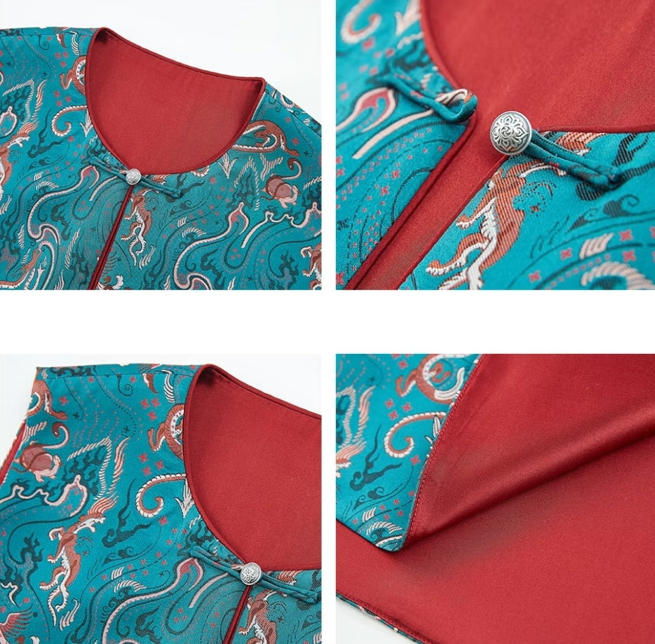 Song Brocade Vest – Embroidered Four Divine Beasts, Silver Clasp, 100% Mulberry Silk, Contemporary Chinese Waistcoat