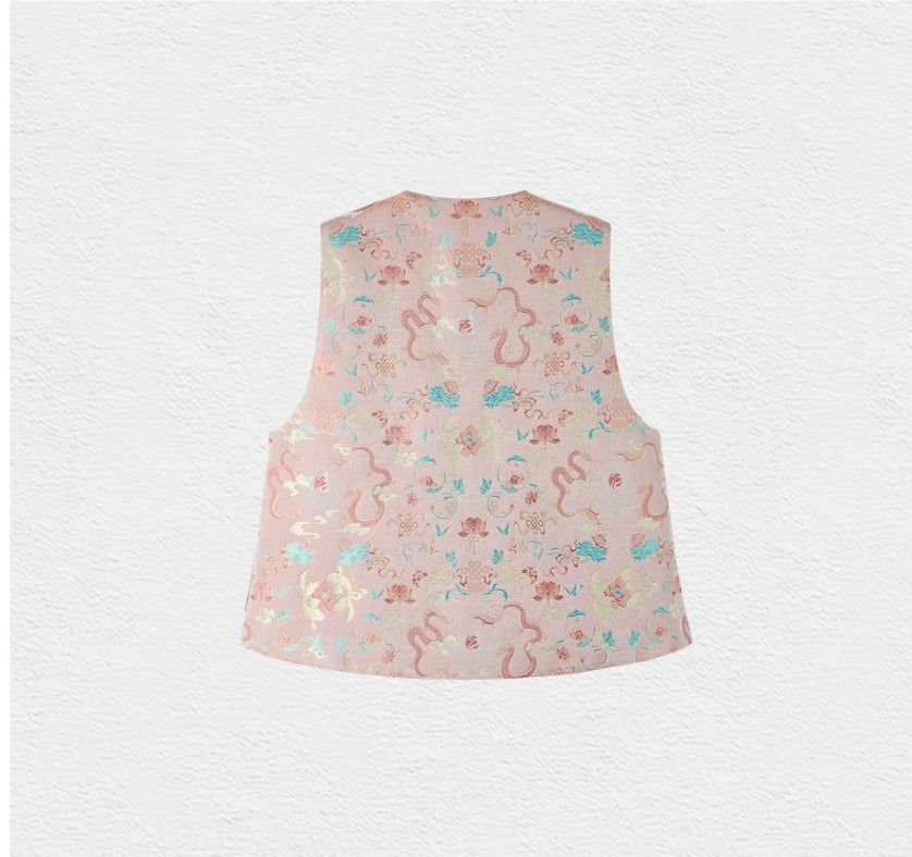 Song Brocade Pink Dragon Vest – Embroidered Silk Waistcoat with Silver Clasps, Contemporary Chinese Style, 100% Mulberry Silk