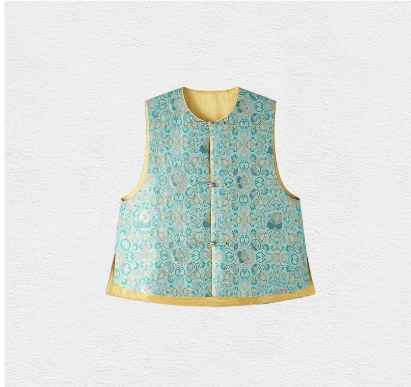 Song Brocade Panda Blessing Vest – Embroidered "Panda Delivering Joy" Design, Silver-Button Waistcoat (80% Mulberry Silk, 14.5% Viscose, 5.5% Polyester Film Fiber)