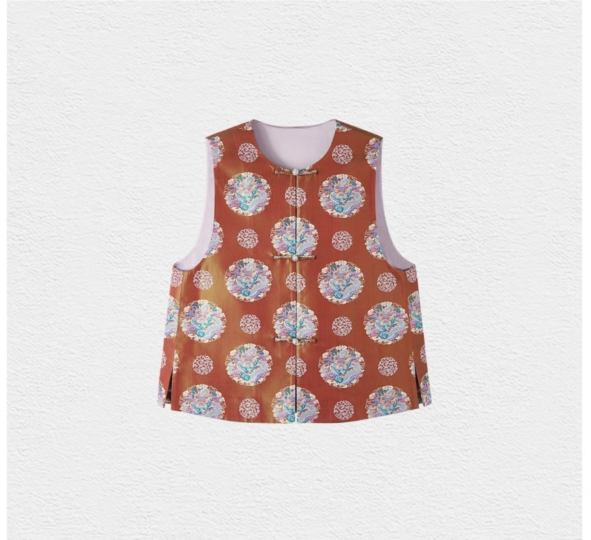 Song Brocade Vest – Reversible Imperial Dragon Medallion, 100% Mulberry Silk, Lightweight Contemporary Chinese Waistcoat