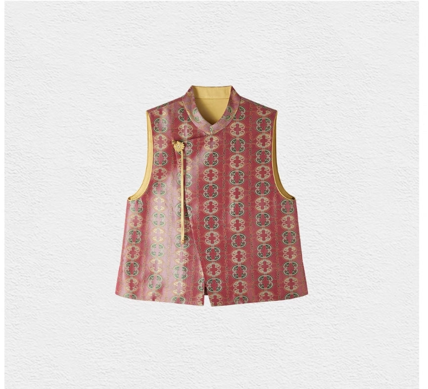 Song Brocade Vest – Embroidered Butterfly Motif, Summer-Reversible, 100% Mulberry Silk, Lightweight Contemporary Chinese Waistcoat