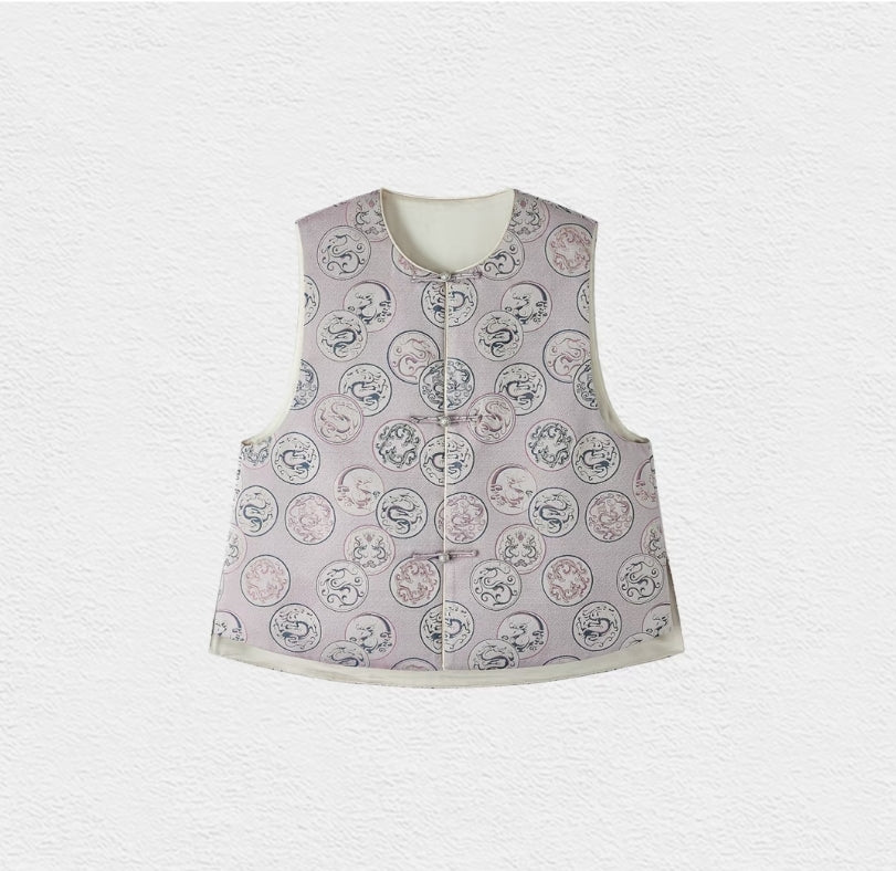Song Brocade Vest – Embroidered Mythical Dragon, Gold-Woven Contemporary Chinese Style with Silver Buttons, 100% Mulberry Silk